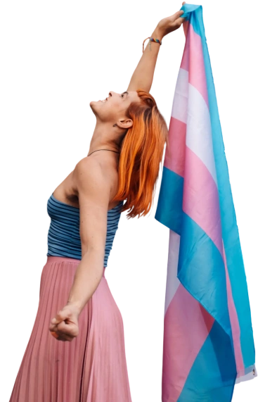 Modelo trans sosteniendo bandera trans, representando a las creadoras de contenido de la agencia OnlyFans trans